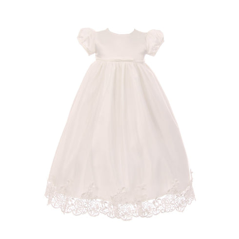 Rain Kids Baby Girls White Lace Satin Tulle Overlay Bonnet Baptism Dress 0-12M - SophiasStyle.com